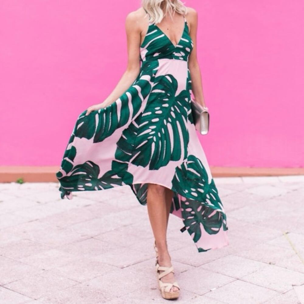 Express Tropical style pink dress with green monstera leaves SzL